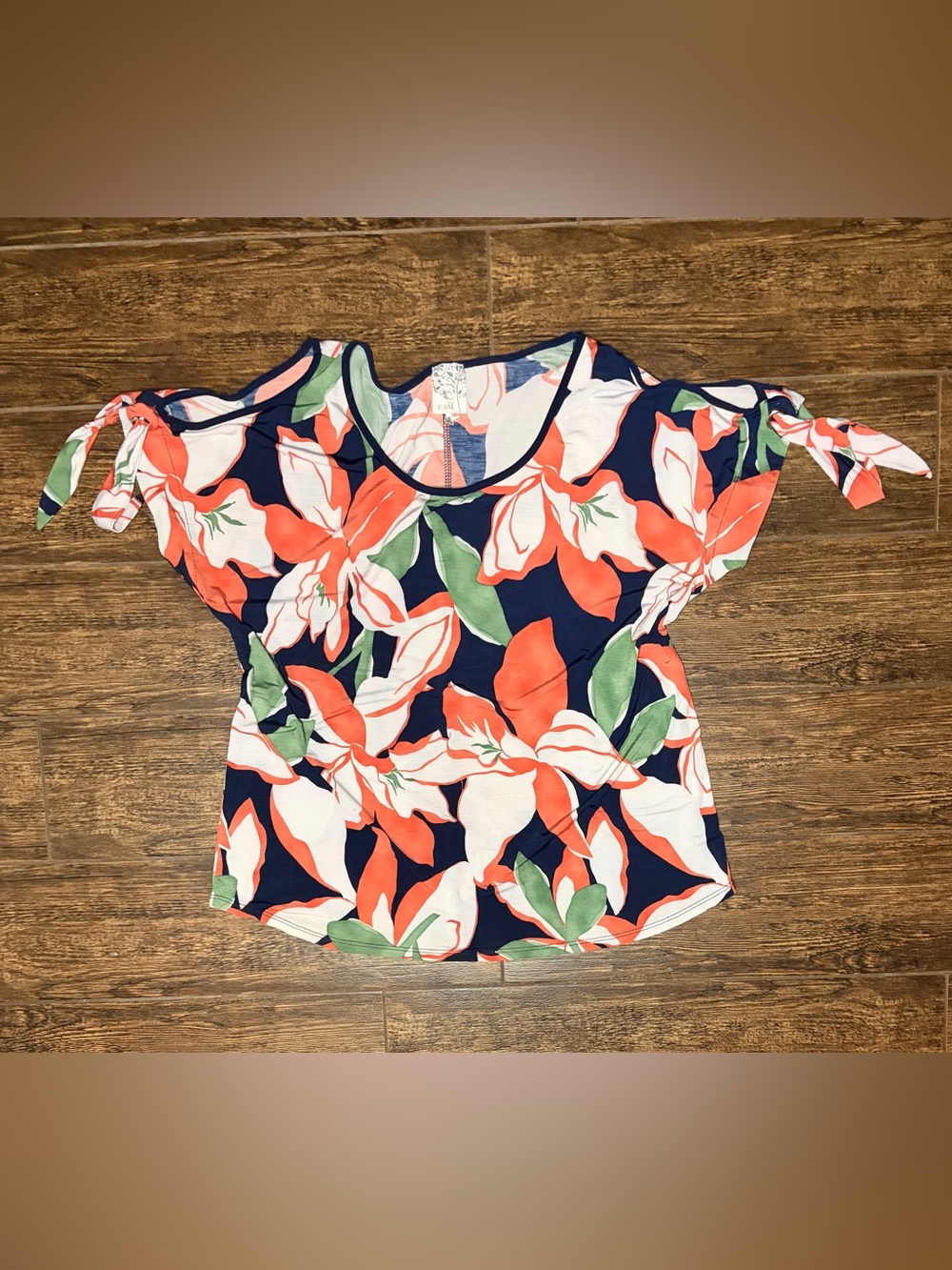 NAIF Navy Floral Tie-Shoulder Cold-Shoulder Top
